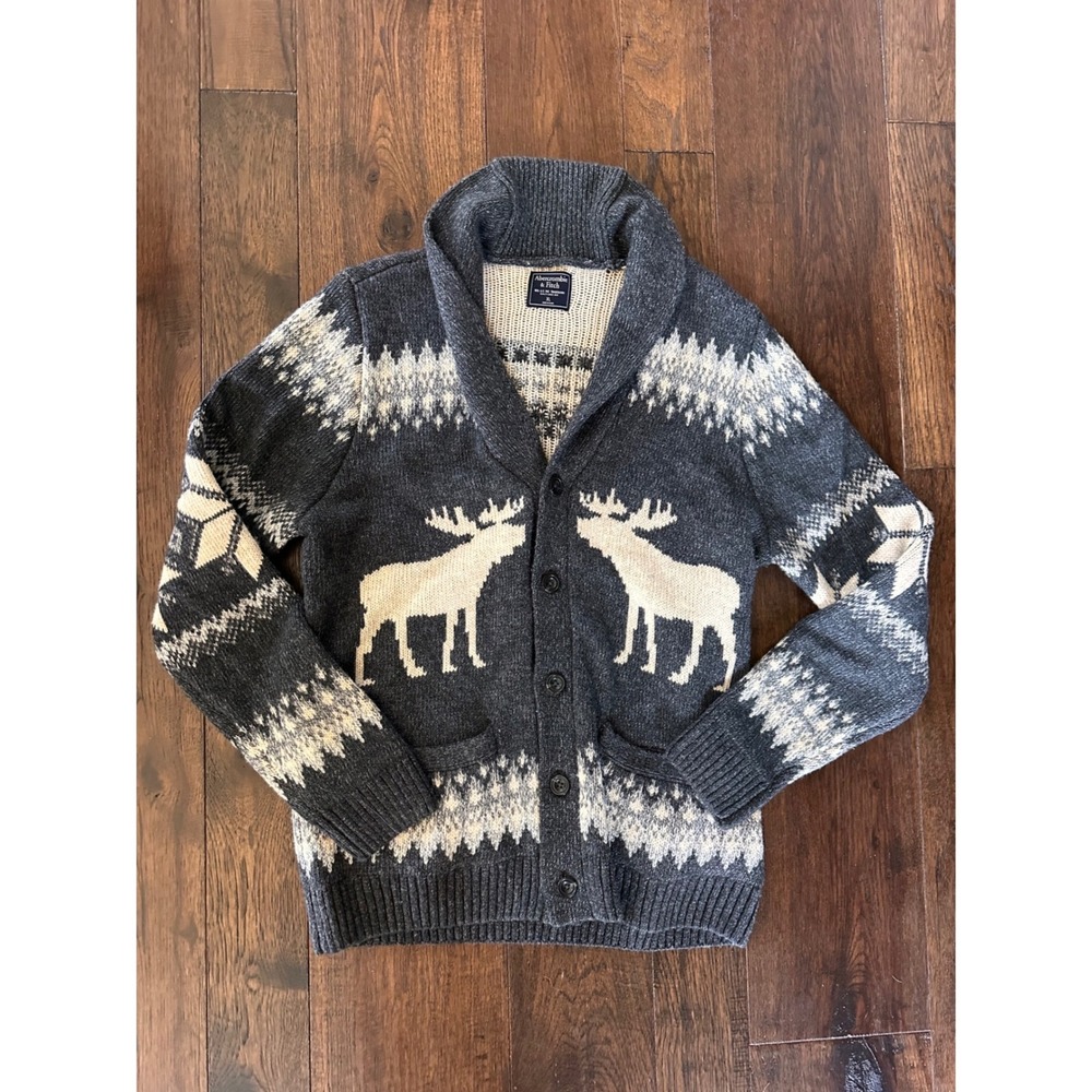 Abercrombie & Fitch Moose Fair Isle Shawl Collar Cardigan Sweater Grey Wool XL